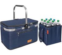 Cestino per la spesa pieghevole, 35 l + borsa per bottiglie, 9 scomparti fino a 1,5 l, set di borsa termica grande isolata e impermeabile + cestino per bottiglie: borsa per il pranzo, borsa termica
