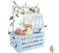 Cestino per neonati in legno, 40 x 30 x 55 cm, con 10 grucce per bambole e 24 lettere, in legno, un cesto regalo che può essere completato con animali di peluche, biglietti di auguri (blu, legno)