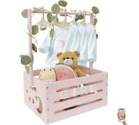 Cestino per neonati in legno, 40 x 30 x 55 cm, con 10 grucce per bambole e 24 lettere, in legno, un cesto regalo che può essere completato con animali di peluche, biglietti di auguri (rosa, legno)