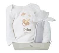 Cestino per neonati per neonati | Regalo personalizzato 2 mussoline e body con nome (6|12 mesi) | Grigio | BebeDeParis