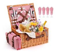 Cestino Picnic, Cesto Picnic Vimini con Scomparto Termico,Cestino Vimini con Coperta Impermeabile e Set di Posate, Set Pic Nic 4 Persone per Campeggio, Cestino Pic Nic (Rosa)