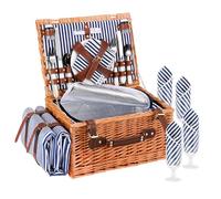 Cestino Picnic, Cesto Picnic Vimini con Scomparto Termico,Cestino Vimini con Coperta Impermeabile e Set di Posate, Set Pic Nic 4 Persone per Campeggio, Cestino Pic Nic(Blu)