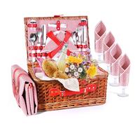 Cestino Picnic, Cesto Picnic Vimini Coperta Impermeabile e Set di Posate, Set Pic Nic 4 Persone per Campeggio, Cestino Pic Nic Vimini Blu perCampeggio, Attività all'aperto, Feste, Spiaggia(Rosa)