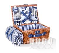 Cestino Picnic,Cesto Picnic Vimini Coperta Impermeabile e Set di Posate, Set Pic Nic 4 Persone per Campeggio, Cestino Pic Nic Vimini Blu perCampeggio, Attività all'aperto, Feste, Spiaggia(blu)