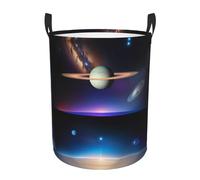 Cestino rotondo per vestiti sporchiCosmic Saturn, materiale impermeabile, può stare in piedi, adatto per camera da letto e bagno。