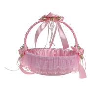 Cestino Vimini Decorativo Cerimonie, 21x25 cm Nastri e Pizzo, Porta Fiore ROSA