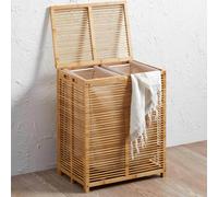 Bakaji Cesto Biancheria Sporca in Bambu Con Tessuto Grigio Portabiancheria Casa Bagno Con 2 Scomparti Contenitore Salvaspazio con Coperchio e Sacco Estraibile (50 x 35 x 60 cm)