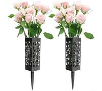 Cesto commemorativo per fiori per decorazione tombale, in plastica robusta, con fori di drenaggio e picchetto, espositore floreale da giardino nero (4 pezzi)