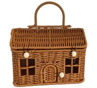 Cesto da giardino in vimini, cesto per raccolta da giardino, picnic in rattan PP a forma di casa da 9x6x5, 5 pollici con coperchio e maniglia, valigia vimini con chiusura a bottone per organizzare