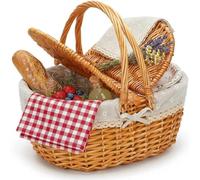 Cesto da picnic in vimini con coperchio, cestino per la spesa intrecciato, con manico e fodera, cestino per funghi, per campeggio, raccogliere verdure, picnic (fiori bianchi)