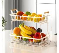 Cesto di frutta a 2 livelli con 2 ganci per banane, in filo metallico per bancone della cucina, supporto per frutta, pane e snack, 37 x 22 x 33 cm, bianco