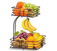 Cesto di frutta a 2 livelli con porta-banane, etagere di frutta per il bancone della cucina, ciotola di frutta in metallo rimovibile, cesto di frutta, verdura, pane e snack per la cucina, nero