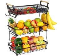 Cesto di frutta a 3 livelli con 2 grucce a banana per bancone da cucina, supporto per frutta da banco di verdure, per snack per pane e patate, nero