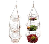 Cesto di frutta a tre livelli: cesto sospeso in filo d'oro, portaoggetti pieghevole da cucina | Cestini decorativi in filo metallico per l'organizzazione domestica di frutta e verdura