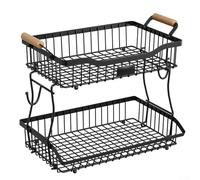 Cesto di frutta in metallo con layout a due livelli e gancio a banana per organizzare la spesa quotidiana sul bancone (nero)