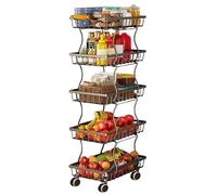 Cesto di frutta per cucina, carrello sottile in filo metallico con manico in legno e ruote, ripiano impilabile per riporre le verdure, può essere utilizzato anche in soggiorno, camera da letto e bagno