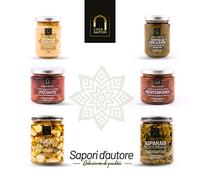 CESTO DI NATALE CASA SAPORI Box Mediterraneo - Crema di Carciofi 130g, Crema di Cime di Rapa 130g, Condimento per Bruschetta Mediterraneo 170g e Piccante 170g, Asparagi Mediterranei 280g, Aglio a Spicchi 280g