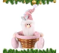 Cesto di Natale - Contenitore creativo per frutta con pupazzo di neve, renna e gnomo di peluche, ornamento rosa seduto, cestino in rattan intrecciato,