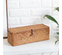 Cesto di stoccaggio intrecciato in herba marina con coperchio - Contenitore Vimini in frutta di rattan fatto a mano, 3L (32.5x12x11.5CM) - Ideale per organizzare piccoli oggetti