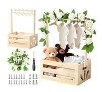 Cesto Nascita in Legno con 6 Appendiabiti e Ghirlanda Floreale | Set Regalo Completo con Cestino e Decorazione per Neonati