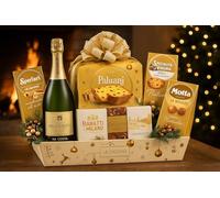Cesto Natalizio Merry Christmas 7 Pezzi con Dolce Classico, Spumante, Cioccolatini, Biscotti e Gelatine alla Frutta, Confezione Regalo Elegante e Raffinata per Natale