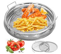 Cesto per friggitrice ad aria per forno, set di 2 pezzi, rotondo, argento, 30 cm, antiaderente, in rete in acciaio inox, per friggitrice, per forno a convezione, lavabile in lavastoviglie