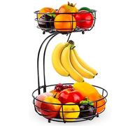 Cesto per frutta a 2 ripiani, con porta banane, in piedi, cucina quotidiana, moderno, pratico cestino portafrutta, ciotola frutta in metallo, nero