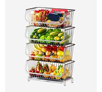 Cesto per Frutta da banco a 2 Ripiani, scaffale per Frutta e Verdura in aiaio Inossidabile 304, Cestino impilabile in Filo Metallico Color Argento, Ripiani impilabili, scaffale per la conservazio