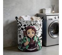 Cesto per il bucato pieghevole e impermeabile con stampa a quadri giapponese verticale Demon Slayer Tanjiro in toni misti, organizer portatile per la conservazione dei vestiti con manico 7,8 pollici *