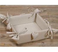 Cesto per il pane in tessuto Lina, 20 x 20 cm, rettangolare, beige, con cuori e quadretti, in 100% cotone, lavabile a 30°, stile rustico per pane, panini, pasticcini o decorazioni da tavolo