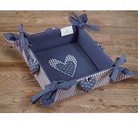 Cesto per il pane in tessuto Lina, 20 x 20 cm, rettangolare, colore blu, con cuori e quadretti, in 100% cotone, lavabile a 30°, stile rustico per pane, panini, pasticcini o decorazioni da tavolo