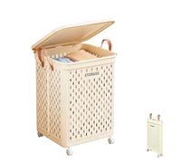 Cesto Porta Biancheria Pieghevole con Ruote e Coperchio, Grande Cesto per Bucato con Maniglie, Ideale per Bagno, Camera e Lavanderia. (56x37x36 cm)