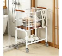 Cesto portabiancheria a 2 ripiani con ruote, portatile, in metallo, con manico e cestini rimovibili, scaffale multifunzionale per bagno, balcone