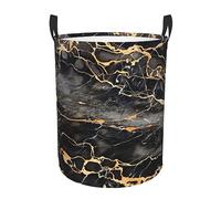 Cesto portabiancheria con stampa in marmo nero e oro con manici facili da trasportare, impermeabile, rotondo, per casa, ufficio, camera da letto, vestiti
