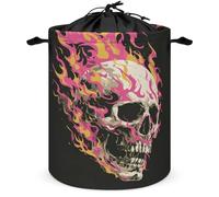 Cesto portabiancheria con teschio bianco con fiamme rosa e gialle, cesto portabiancheria rotondo pieghevole con coulisse, per camera da letto e bagno