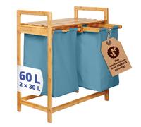 Lumaland Cesto per il bucato in bambù con 2 sacchi per il bucato estensibili | Dimensioni circa 73 cm di altezza x 64 cm di larghezza x 33 cm di profondità [Blu]