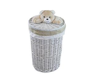 Cesto portabiancheria in vimini, rotondo, bianco, coperchio con orsetto, 60 l, D.39 H.55