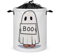 Cesto portabiancheria minimalista con fantasma carino che tiene un cartello BOO cesto portabiancheria rotondo pieghevole con coulisse cesto per vestiti per camera da letto bagno