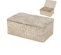Cesto Portaoggetti in Rattan Intrecciato, Cestino Portaoggetti Rettangolare Intrecciato Fatto a Mano con Coperchio, Cesta in Vimini di Seagrass, per Cosmetici, Vestiti e Giocattoli (XS, Bianco)