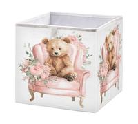 Cesto portaoggetti pieghevole a forma di orso ad acquerello seduto su una sedia rosa vintage organizer cestino per la casa mensola