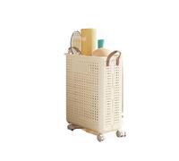Cesto portaoggetti pieghevole for attrezzatura fitness, tappetino yoga, secchio portaoggetti con ruota, organizer multiuso for attrezzatura sportiva da badminton(Cream with Casters M)