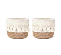 Cesto portaoggetti rotondo in corda di cotone intrecciato con elegante design a nappe, organizer compatto da scrivania per trucco, pennelli e piccoli oggetti, set di 2 pezzi curry e bianco per uso