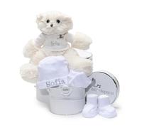 Cesto regalo per bambini con orsacchiotto rosa | Set di cappellini + guanti e scarpe personalizzate + ciuccio con nome del bambino | fatto a mano in Spagna (grigio) | BebeDeParis