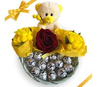 Cesto Regalo San Valentino e Festa della Donna 2025 -200 grammi di Baci Perugina + Orsacchiotto "Occhi Dolci" + Rosa Artificiale + Bouquet Mimosa - (Lindor)
