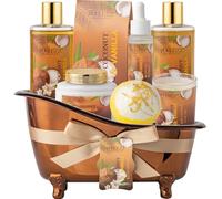 Cesto regalo spa da donna, kit spa di lusso con cocco e vaniglia, set regalo da bagno da 8 pezzi, regalo di compleanno unico per donne con bombe da bagno, candela