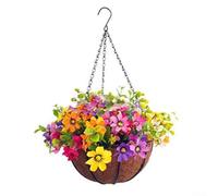 Cesto sospeso in rattan con fiori artificiali, non necessita di irrigazione, decorazione da parete da giardino all'aperto (E)