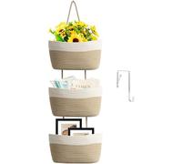 Cesto sospeso per porta, 3 ripiani, in cotone intrecciato, montaggio a parete, organizer, borsa, cesti decorativi da cucina sospesi, bianco + iuta