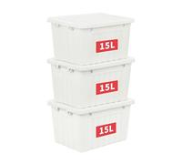 Cetomo 15L*3 Scatole di Stoccaggio con Coperchi, Contenitori in Plastica con Fibbie di Chiusura, Clip On, Impilabili, Incastonabili, Organizzatore a Righe per Casa Ufficio, Bianco, 15L-3 Pezzi