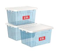 Cetomo 15L*3 Scatole di Stoccaggio con Coperchi, Contenitori in Plastica con Fibbie di Chiusura, Clip On, Impilabili, Incastonabili, Organizzatore a Righe per Casa Ufficio, Blu Chiaro, 15L-3 Pezzi