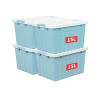 Cetomo 15L*4 Scatole di Stoccaggio con Coperchi, Contenitori in Plastica con Fibbie di Chiusura, Clip On, Impilabili, Incastonabili, Organizzatore a Righe per Casa Ufficio, Blu, 15L-4 Pezzi